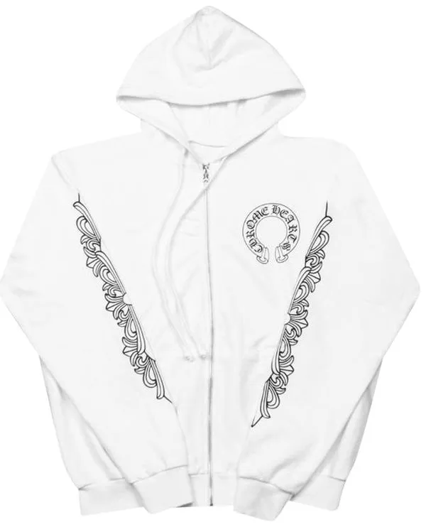 Floral Cross Zip White Hoodie